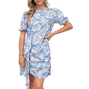 En Saison Ruched Floral  Puff Sleeve Mini Day Dress Sz Small